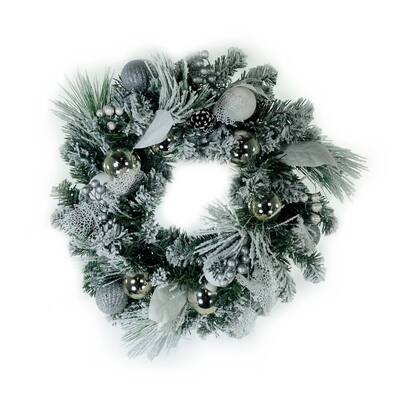 Wreath Snowy Mixed Pine with Ornaments Silver White 24" - Flocked/Green - 24