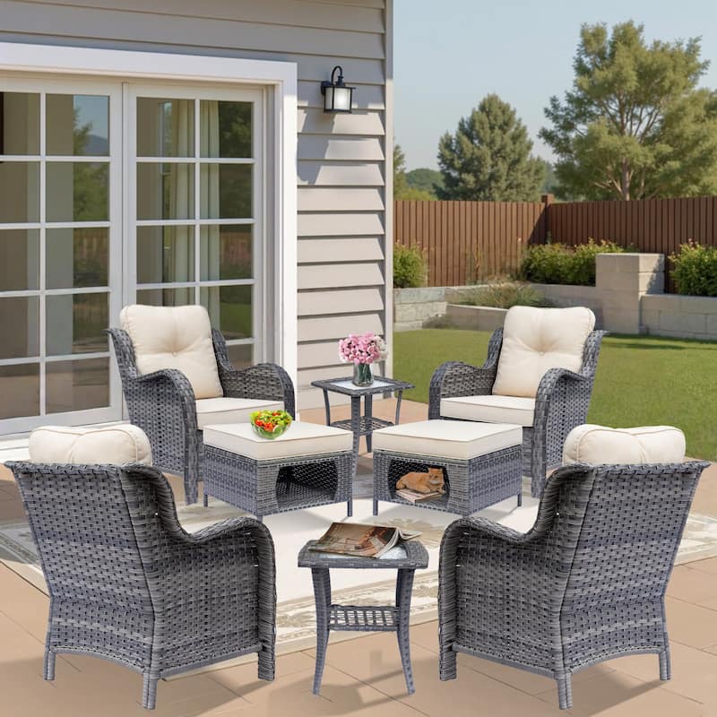 Outdoor Patio Furniture Wicker Conversation Chair and Ottoman Sets - 6-Seats