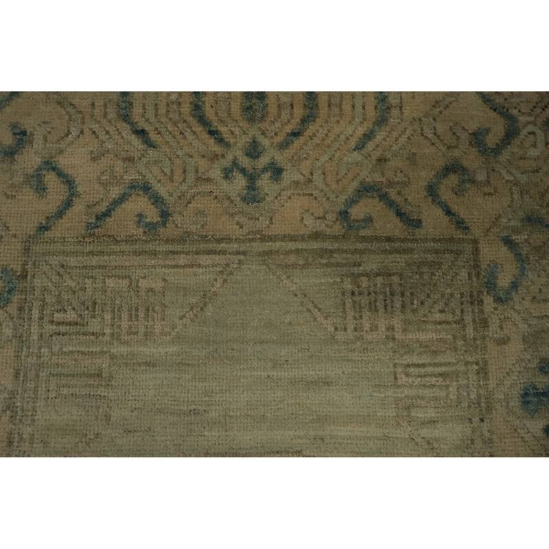 Hand Knotted Oriental 100% Wool Carpet Transitional Geometric Green Khotan Runner Rug - 11' 11'' X 3' 3''