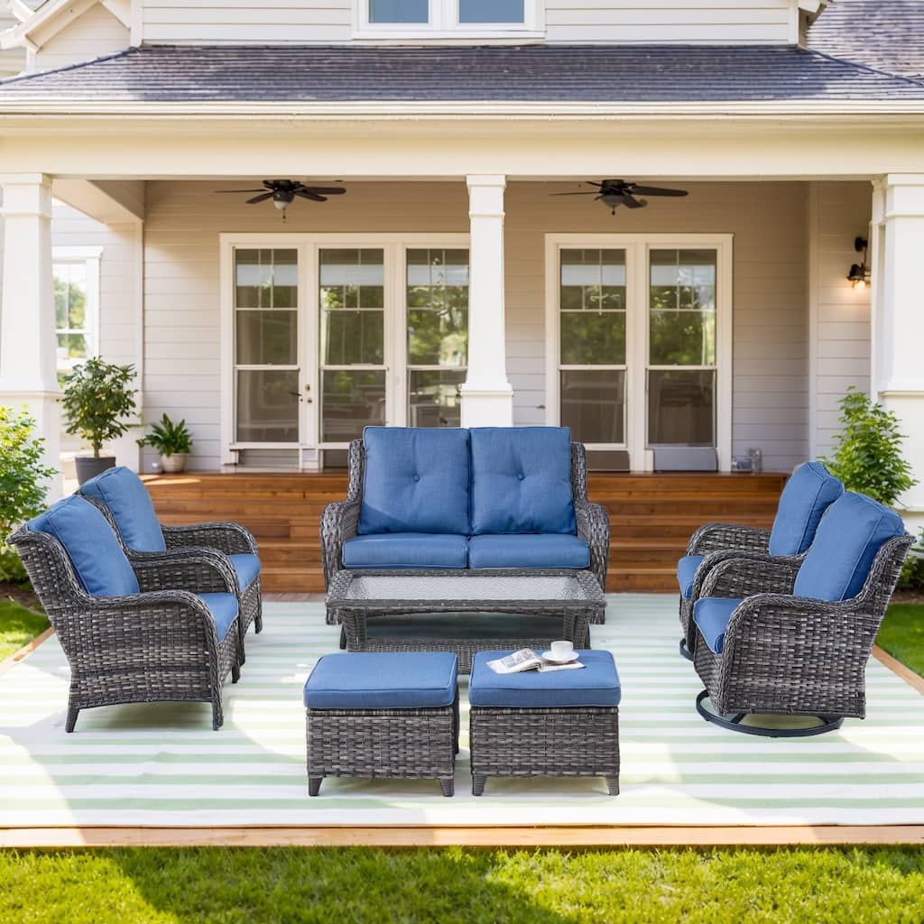 Outside Rattan Swivel Chair with Glider Sofa Ottoman Set - Blue cushion - Grey