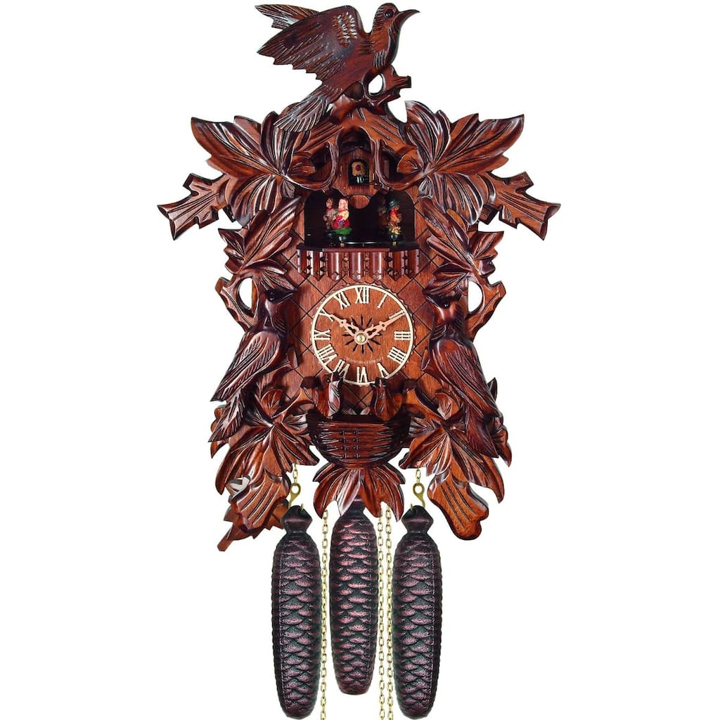 18" Brown, White, and Green Black Forest Carved with 8-Day Weight Driven Movement Full Size Cuckoo Clock