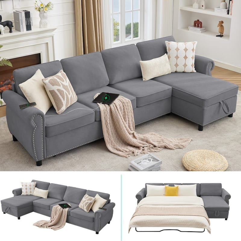 106.5" L-Shaped Flannelette Sectional Sofa with Pull-Out Bed - Dark Grey