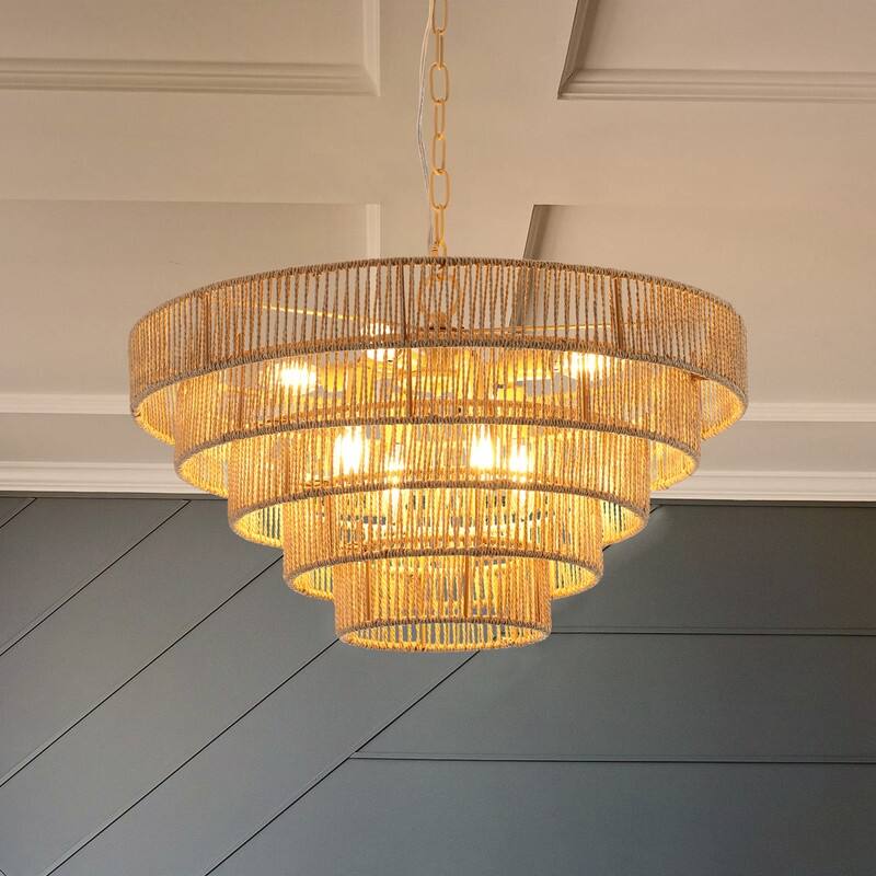 Modern Layered Hemp Rope Chandelier in Boho Style, Elegant Hanging Light for Living, Dining & Bedroom Areas (Bulbs Not Included)