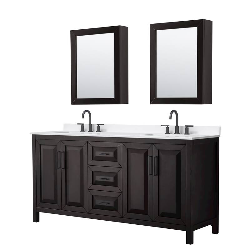 Daria 72-inch Double Vanity, 3 Hole Quartz Top, Med Cabinets - Dark Espresso, Black Trim, White Quartz Top