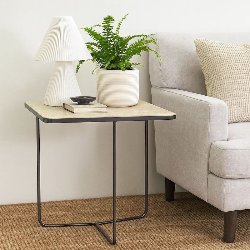 24 Inch Square Accent Side End Table, Iron, Travertine Marble Top, Black