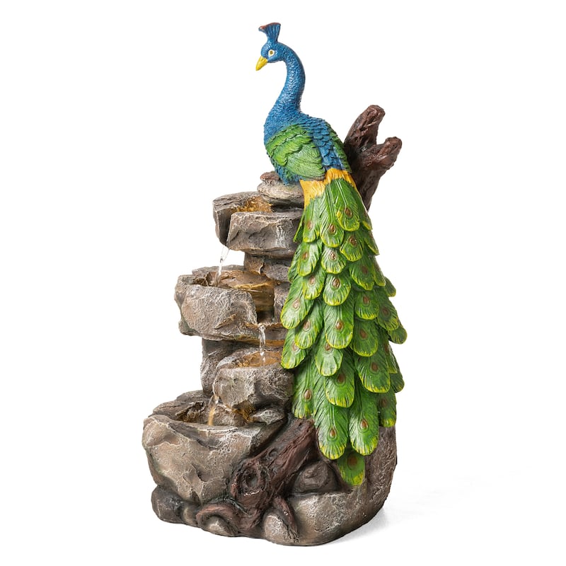 Glitzhome 20.5"H 4-Tierd Lighted Peacock Stacked Stones Polyresin Outdoor Floor Fountain