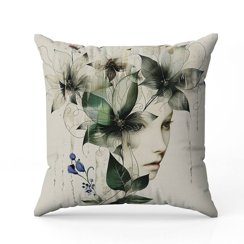 Flora Face Faux Suede Reversible Throw Pillow Green and Blue
