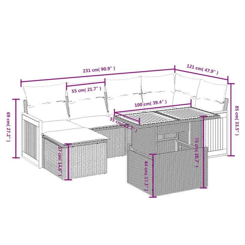 vidaXL Patio Sofa Set with Cushions Outdoor Furniture 7 Piece Poly Rattan