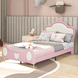 Pink Twin Princess Bed with Crown Headboard, PU Upholstered Platform Frame, Storage Pocket, Easy Assembly for Kids Girls