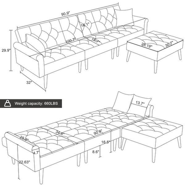 Modern Sectional Couch Futon Sofa Bed with Ottoman Velvet Couch Sleeper