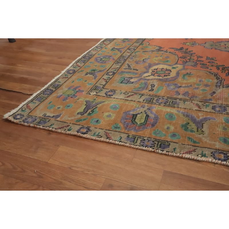 Hand Knotted Oriental 100% Wool Carpet Traditional Floral Coral Tabriz Area Rug - 9' 1'' X 6' 8''