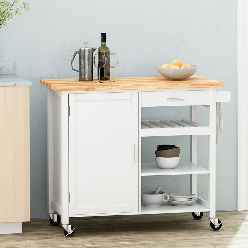 Contemporary Kitchen Island Cart with Storage Drawer, Shelves, and Towel Holder - White