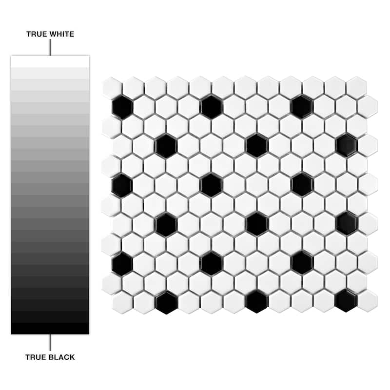 Merola Tile Metro 1" Hex Matte White w/Black Dot 10-1/4" x 11-7/8" Porcelain Floor and Wall Tile