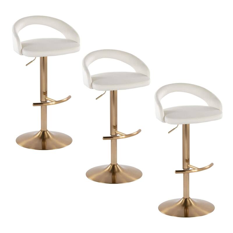Grotto Upholstered Adjustable Barstool with Gold Metal - Set Of 3 - White Velvet
