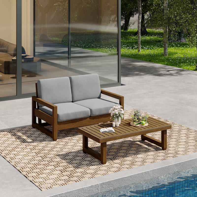 Outdoor Patio Loveseat Table Set Teak Wood with Cushion