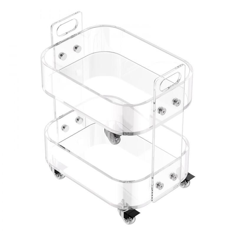 Clear Acrylic 2-Tier Side Table with Lockable Wheels and Transparent Storage - 12 x 16.3 x 18.9 in