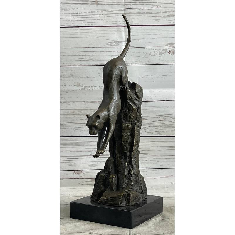 Panther Cougar Mountain Lion Cat Leaping Pouncing Down Bronze Sculpture Statue Art