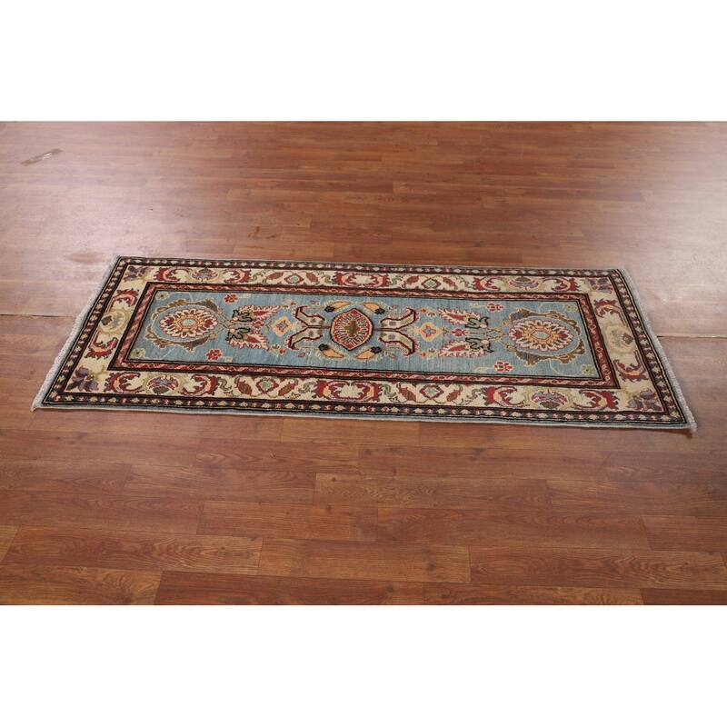 Light Blue Kazak Oriental Runner Rug Hallway Handmade Wool Carpet - 2'1" x 5'7"