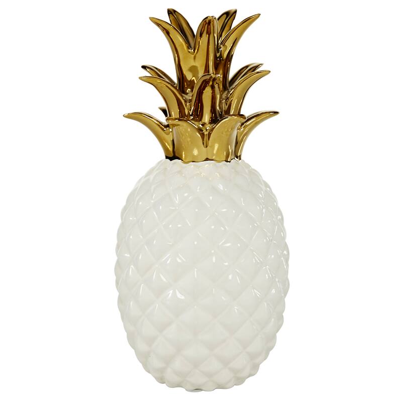 CosmoLiving by Cosmopolitan White Porcelain Ceramic Pineapple Fruit Decorative Sculpture with Gold Leaves