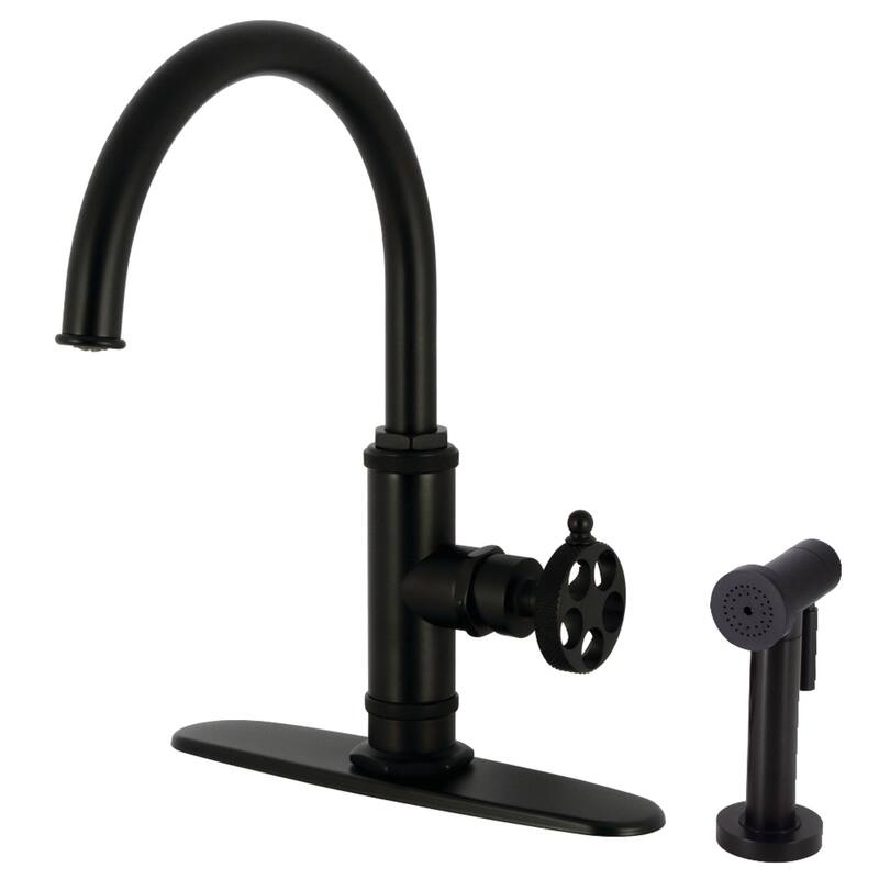 Kingston Brass Webb Single-Handle 1-Hole Deck Mount Kitchen Faucet with Knurled Handle and Brass Side Sprayer - Matte Black