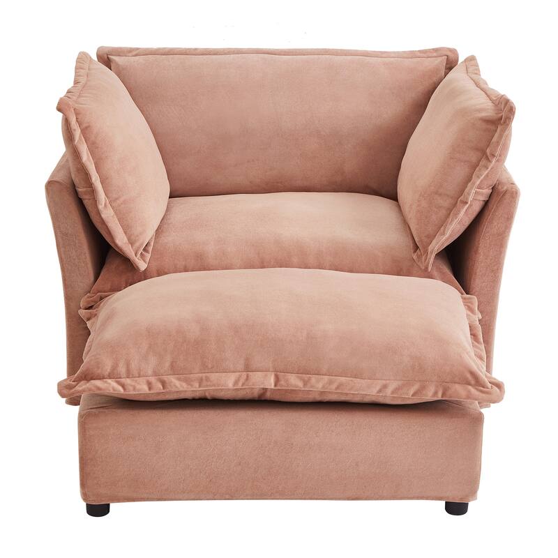 Chenille Modern Armchair Sofa with Movable Ottoman, Wide Seat, Curved Armrests, and Removable Cushions