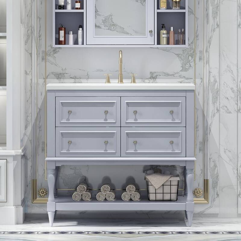 35'' Wall Mounted Bathroom Mirror Cabinet with Adjustable Shelves and Open Storage