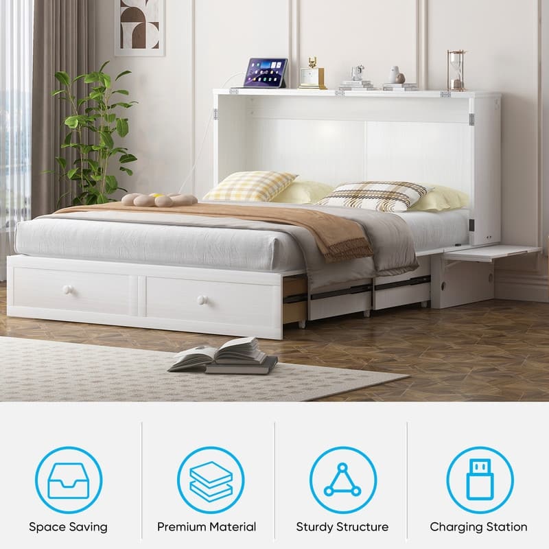 Mixoy Modern Queen Murphy Bed Chest with Mattress and USB ports
