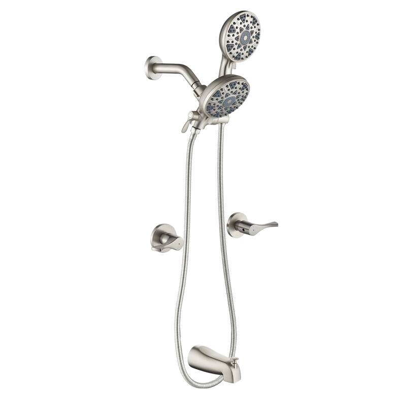 Wall Mount Dual Head Shower Faucet with Tub Spout Brass Complete Shower System with Handheld Shower Valve Included - Brushed Nickel