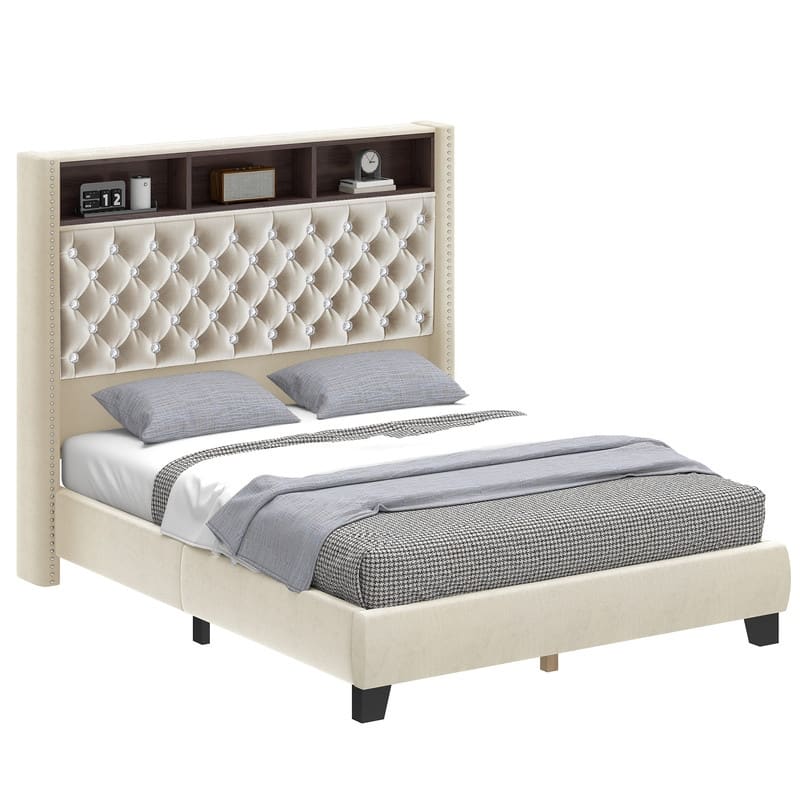 Moasis King/Queen Size Velvet Upholstered Bed Frame with Storage Headboard with USB Charging Stations
