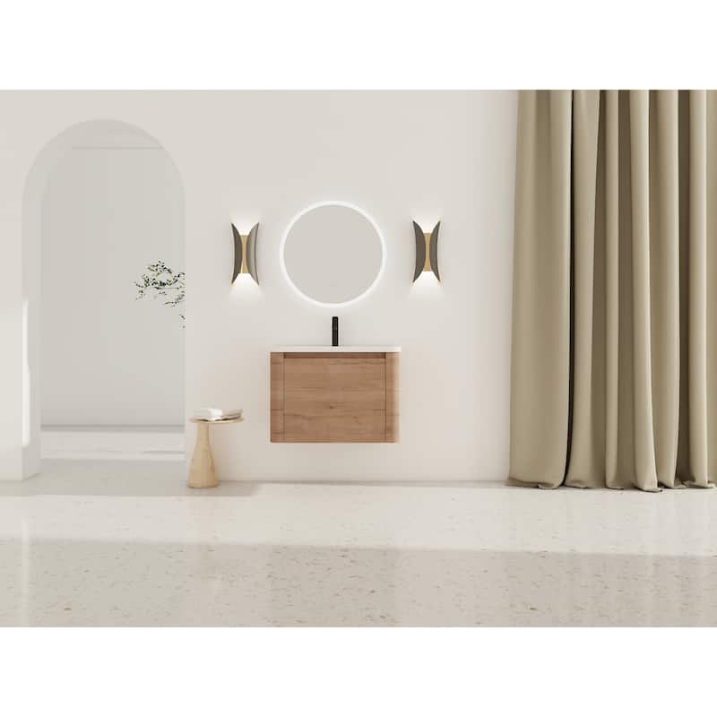 28'' Wall-Mounted Bathroom Vanity with White Ceramic Sink & 1-Soft-Close Door, KD-Packing, Plywood