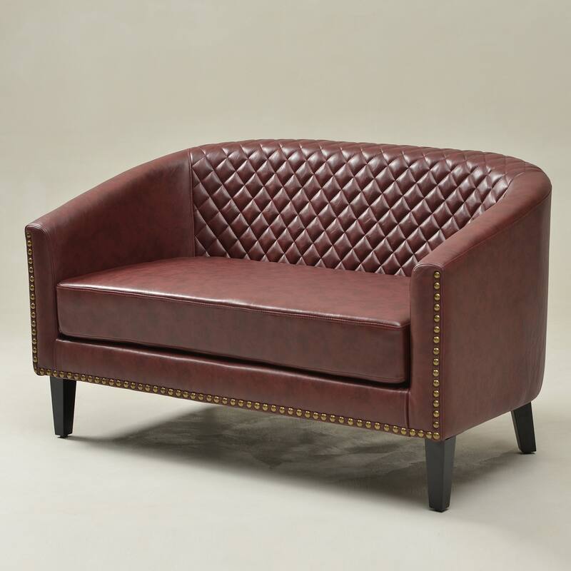 KINWELL 50"W Tufted Faux Leather Upholstered Small Loveseat Sofa - Burgundy