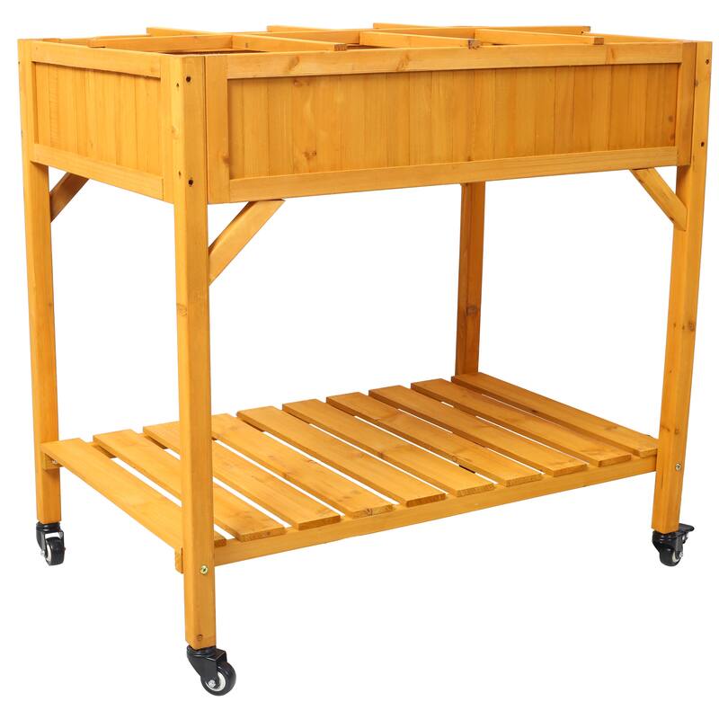 Countryside Style Natural Wood Garden Bed with 8 Grid Dividers and Protective Liner, Suitable for Herb Vegetables Flowers