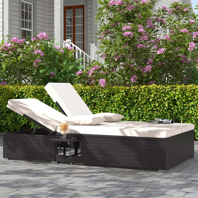 Costway Outdoor Patio Daybed PE Wicker Double Chaise Lounge with - See Details - Mix Brown+Beige - See Details