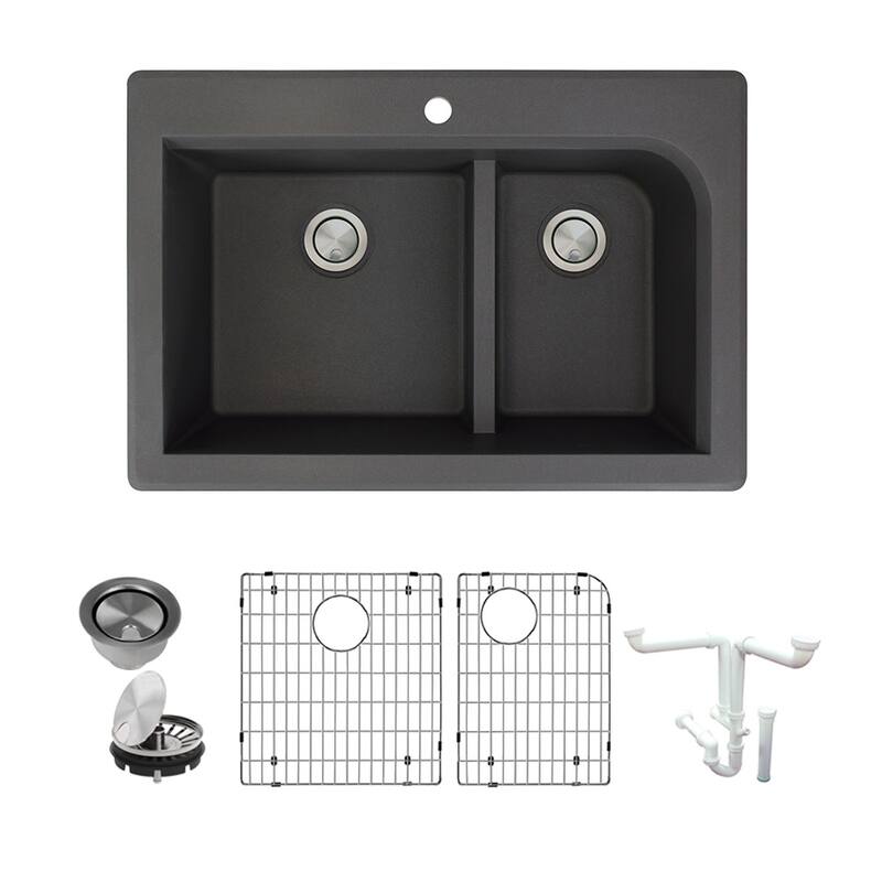 Transolid K-RTDJ3322 Radius 33" Drop In Double Basin Granite Kitchen - Black