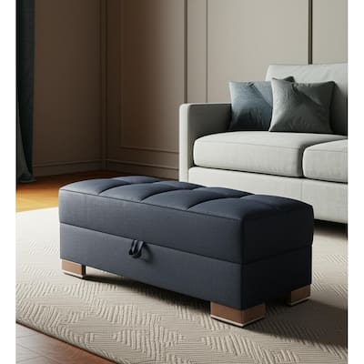 HomeRoots 50" Dark Blue and Brown Chenille Storage Ottoman