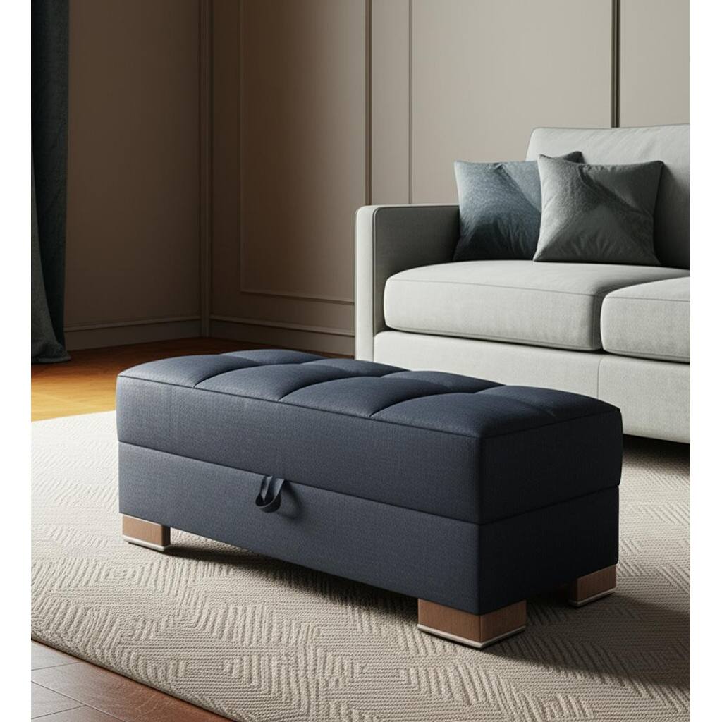 HomeRoots 50" Dark Blue and Brown Chenille Storage Ottoman