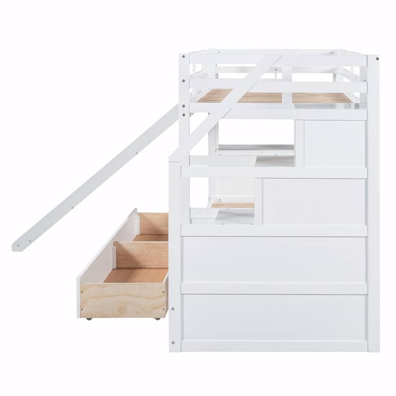 Twin over Twin Bunk Bed with Storage Staircase, Slide, Drawers, Desk, and Shelves