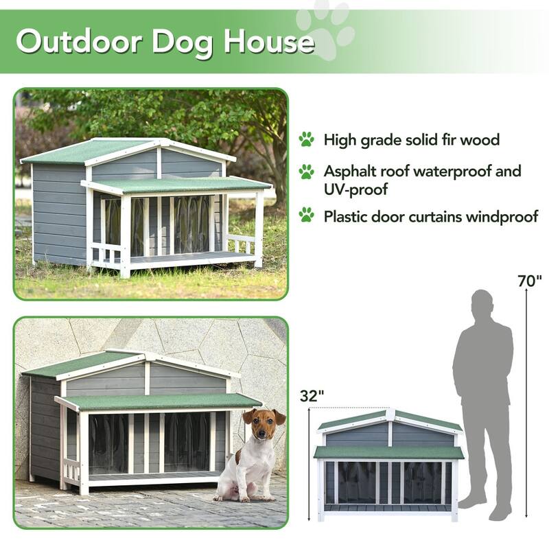 47.2" Outdoor & Indoor Large Wooden Dog Hous with Porch and 2 Doors