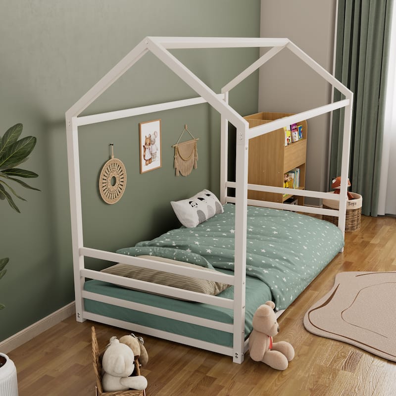Montessori House Metal Floor Bed with End Guardrails by Harper&Bright Designs