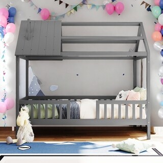 Twin Size Wood House Bed With Fence and Solid Construction For Bedroom