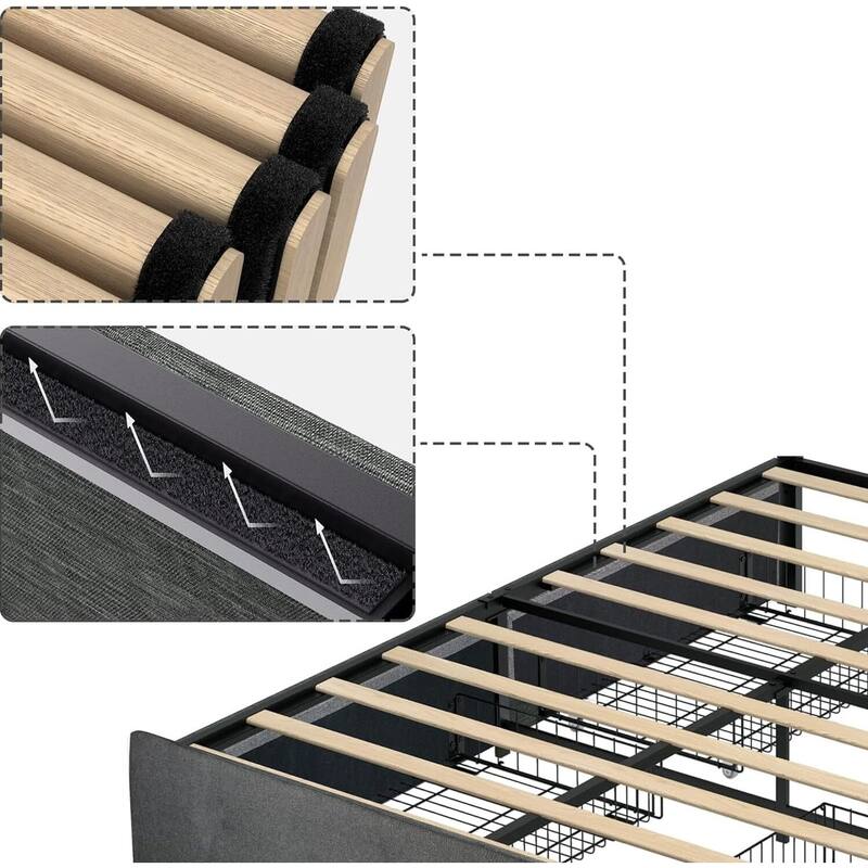 Platform Bed Frame, Fabric Upholstered with 4 Storage Drawers
