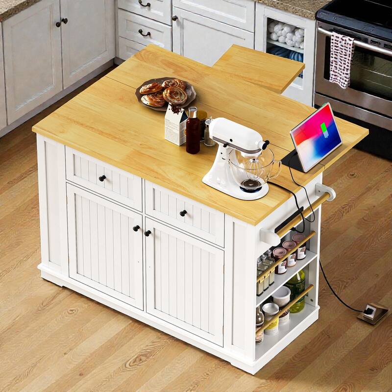 48" Kitchen Island with 2 Bar Stools, Power Outlet, Drop Leaf, Storage Cart on Wheels with Drawers