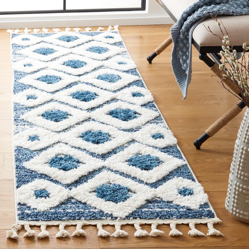 SAFAVIEH Moroccan Tassel Shag Nanke 2-inch Thick Rug - 2' 3" x 8' - Blue/Ivory - Runner/Rectangle