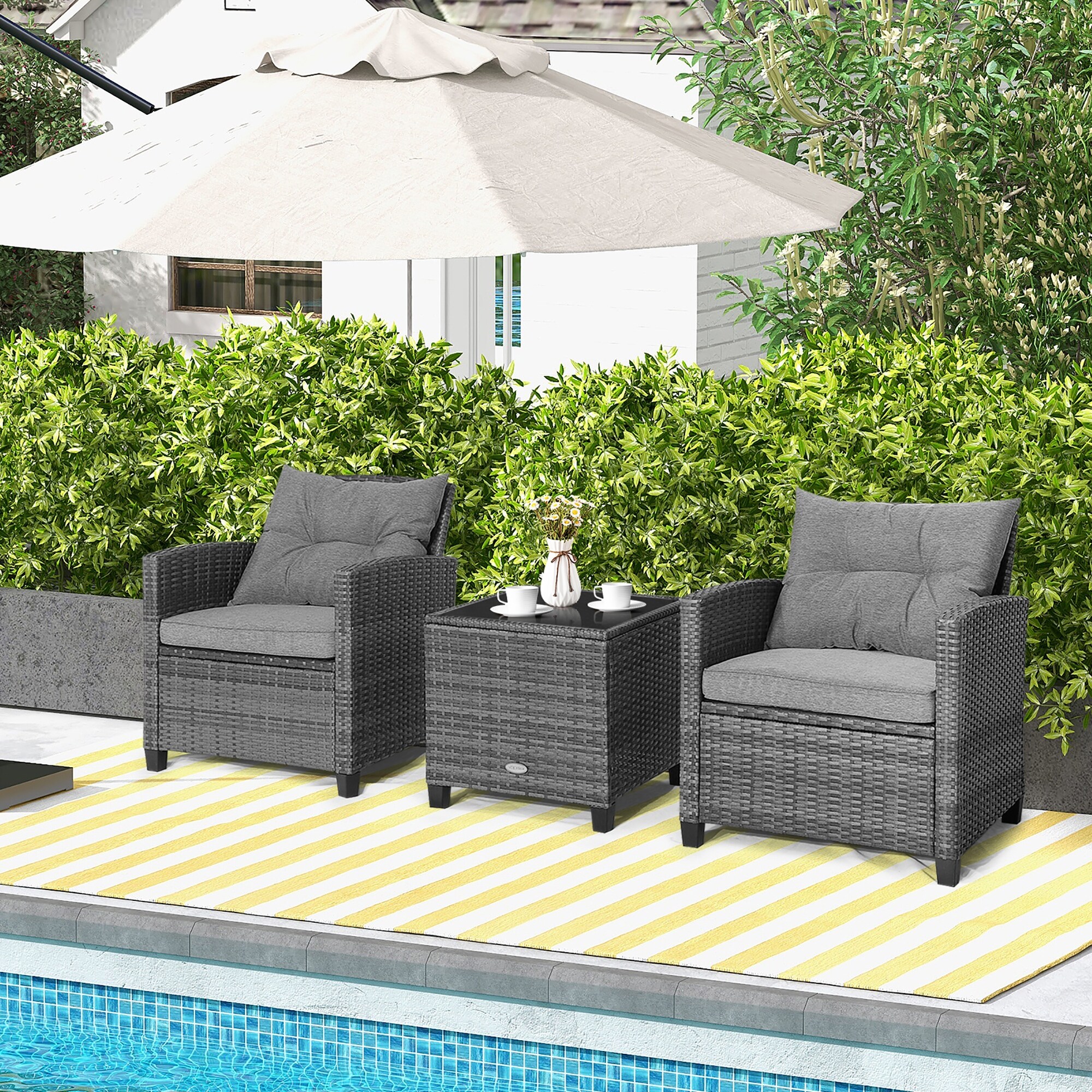 Costway 3PCS Patio Rattan Furniture Bistro Set Cushioned Sofas