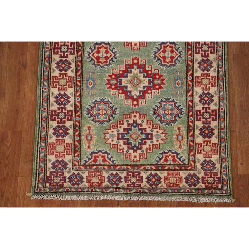 Green Kazak Runner Rug Handmade Wool Carpet - 2'8" x 9'7"