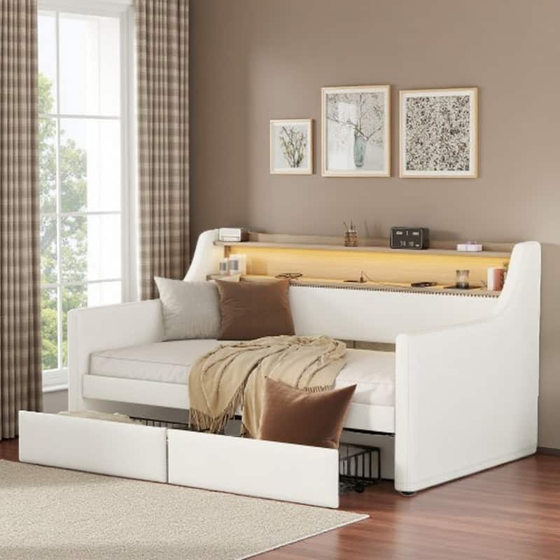 Twin Size PU Leather Upholstered Daybed with Storage Drawers, Charging Station, LED RGB Lights & Headboard Storage