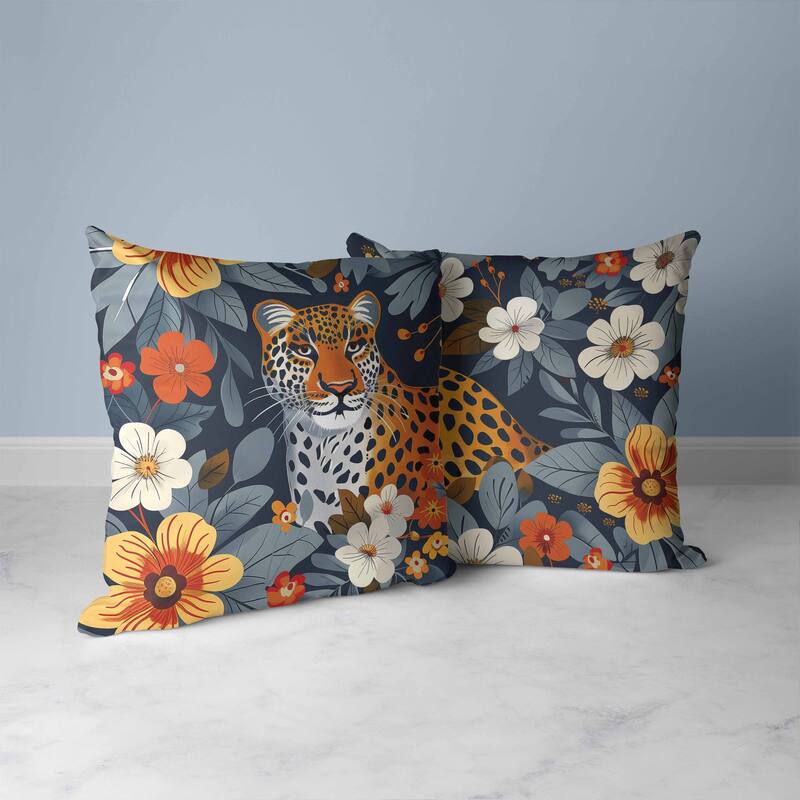 Jungle Cat Faux Suede Reversible Throw Pillow Blue and Orange