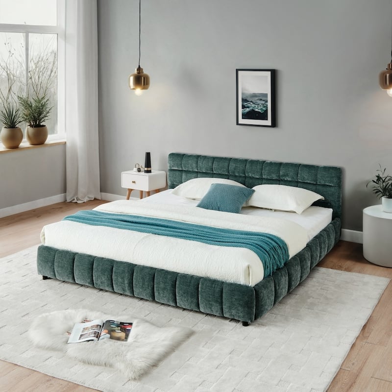 King Size Chenille Fabric Upholstered Bed with Headboard and Drawer for Storage