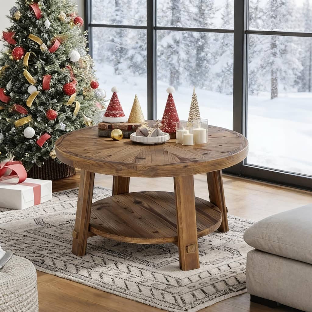 31.5" Solid Wood Coffee Table with 2-Tier Storage