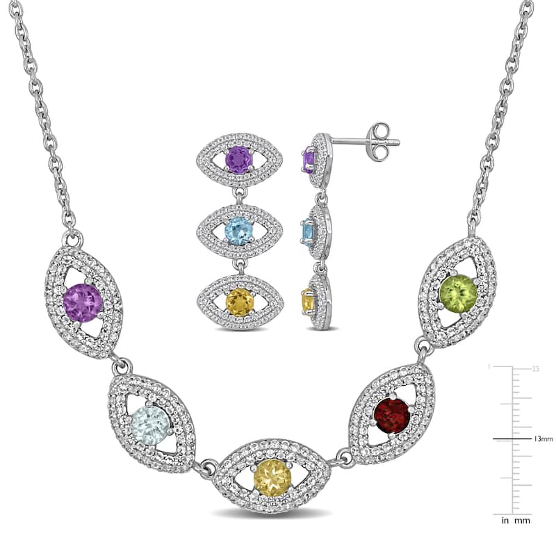 Miadora 6.9ct TGW Multi-Gem Triple Eye Necklace Drop Earrings Sterling Silver